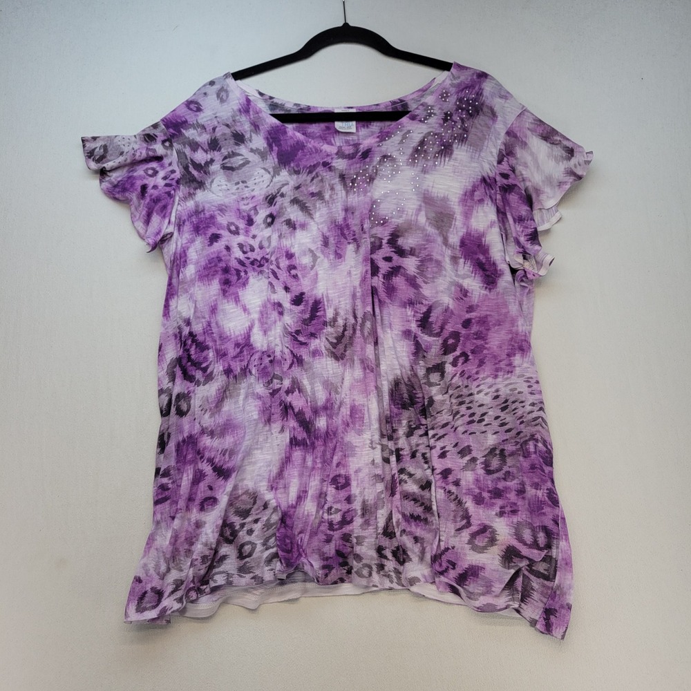 Time and Tru Top Womens 3XL 22 Purple Animal Print Flutter Sleeve Rhinestone